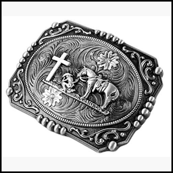 Zinc Alloy Western Belt Buckle with Cross Cowboy and Horse Design